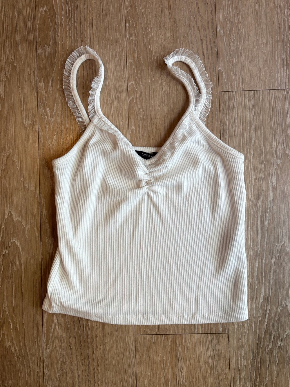 Forever 21 White Ribbed Ruffle Strap V-Neck Cami